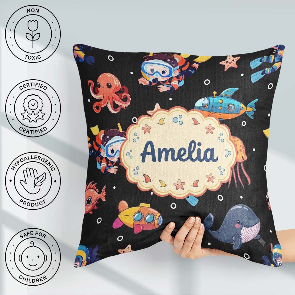 Custom Name Kid Scuba Diver Submarine Jellyfish Ocean Deep Black Square Filled Cushion Throw Pillow Sofa Bed Home Decor Zip Washable UK Made