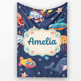 Kid Scuba Diver Submarine Jellyfish Ocean Animal Purple Bubble  Personalised Custom Name Super Soft Fleece Blanket Bed Sofa Throw