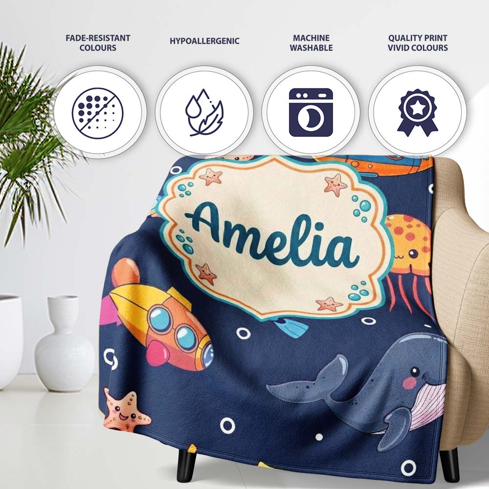 Kid Scuba Diver Submarine Jellyfish Ocean Animal Purple Bubble  Personalised Custom Name Super Soft Fleece Blanket Bed Sofa Throw