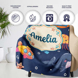 Kid Scuba Diver Submarine Jellyfish Ocean Animal Purple Bubble  Personalised Custom Name Super Soft Fleece Blanket Bed Sofa Throw