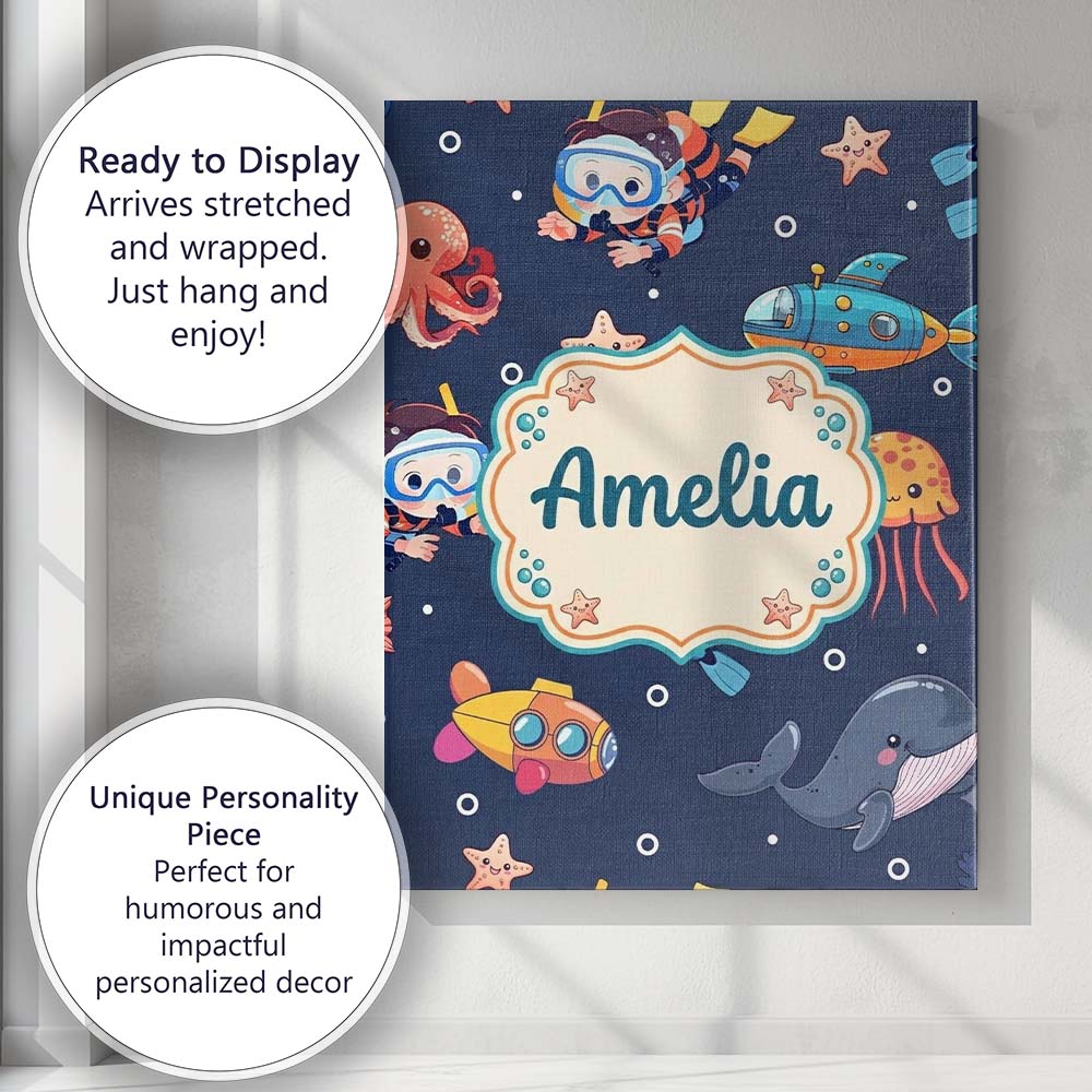 Personalised Name Kid Scuba Diver Submarine Custom  Bespoke Interior Contemporary Canvas Wall Art Print Decor Picture Ready to Hang