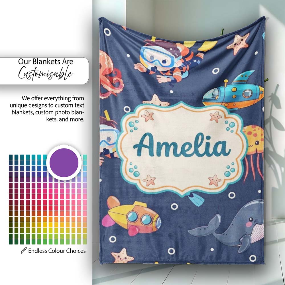Kid Scuba Diver Submarine Jellyfish Ocean Animal Purple Bubble  Personalised Custom Name Super Soft Fleece Blanket Bed Sofa Throw