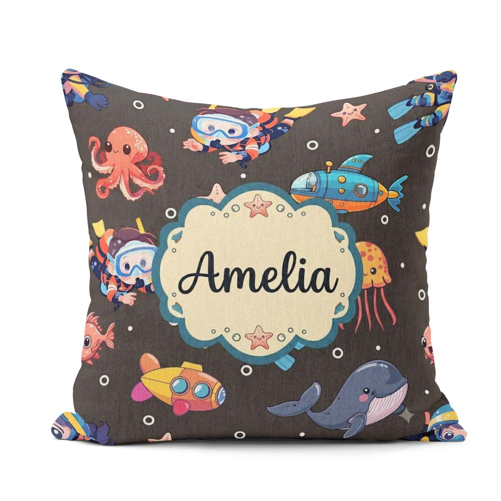 Custom Name Kid Scuba Submarine Jellyfish Animal Charcoal Bubble Square Filled Cushion Throw Pillow Sofa Bed Home Decor Zip Washable UK Made