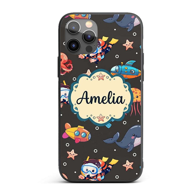 Kid Scuba Diver Submarine Jellyfish Ocean Animal Custom Name Protective Phone Case Mobile Cover Durable Everyday Smartphone Shock Resistant