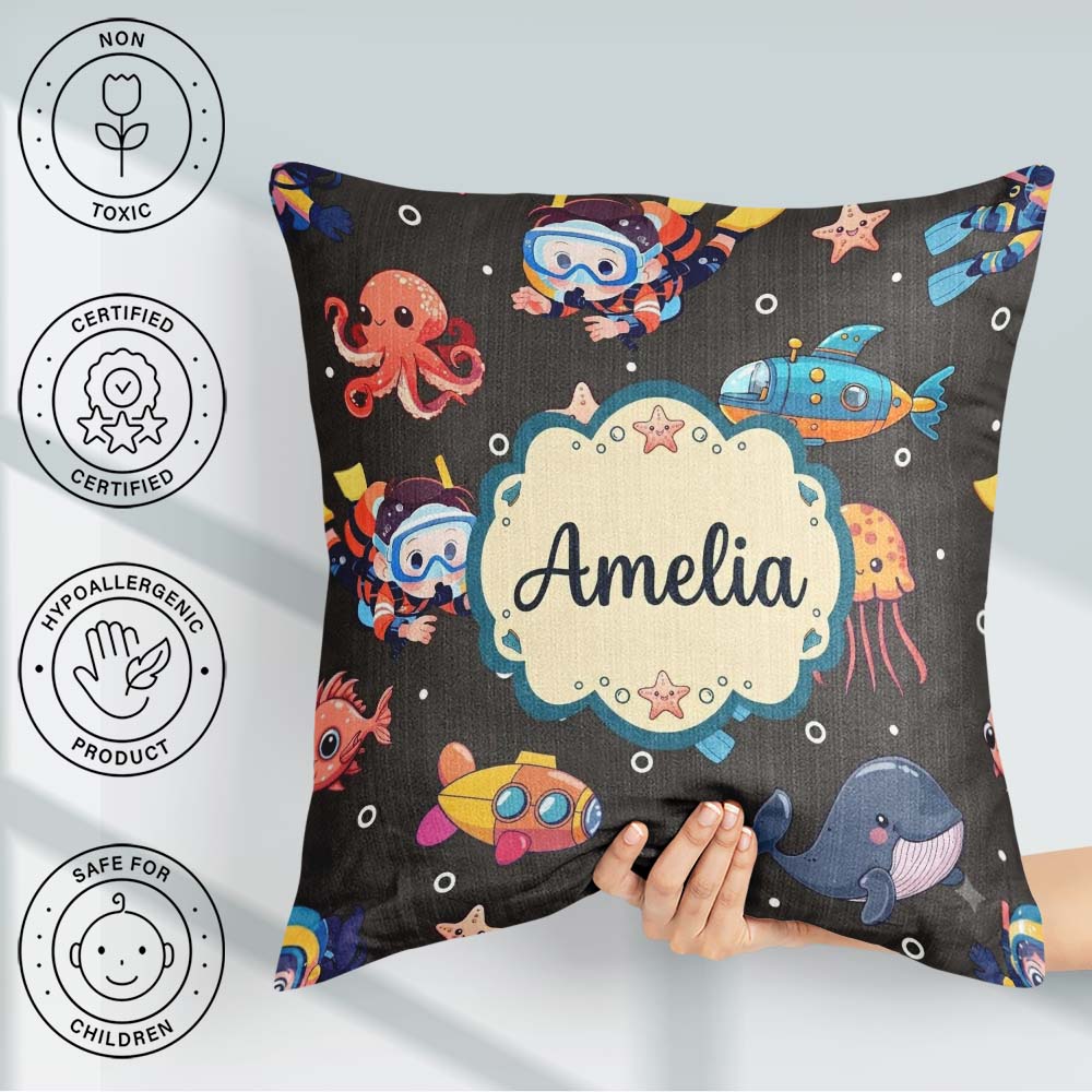 Custom Name Kid Scuba Submarine Jellyfish Animal Charcoal Bubble Square Filled Cushion Throw Pillow Sofa Bed Home Decor Zip Washable UK Made