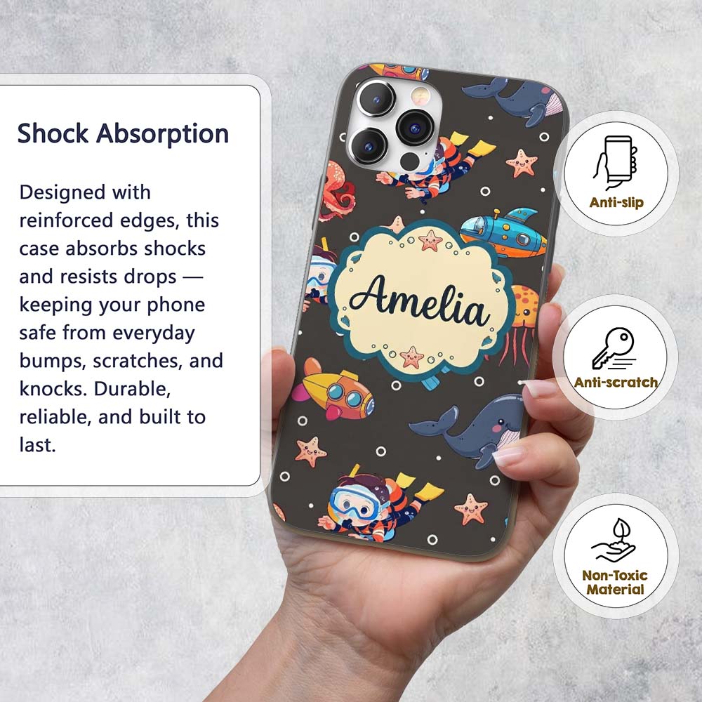Kid Scuba Diver Submarine Jellyfish Ocean Animal Custom Name Protective Phone Case Mobile Cover Durable Everyday Smartphone Shock Resistant