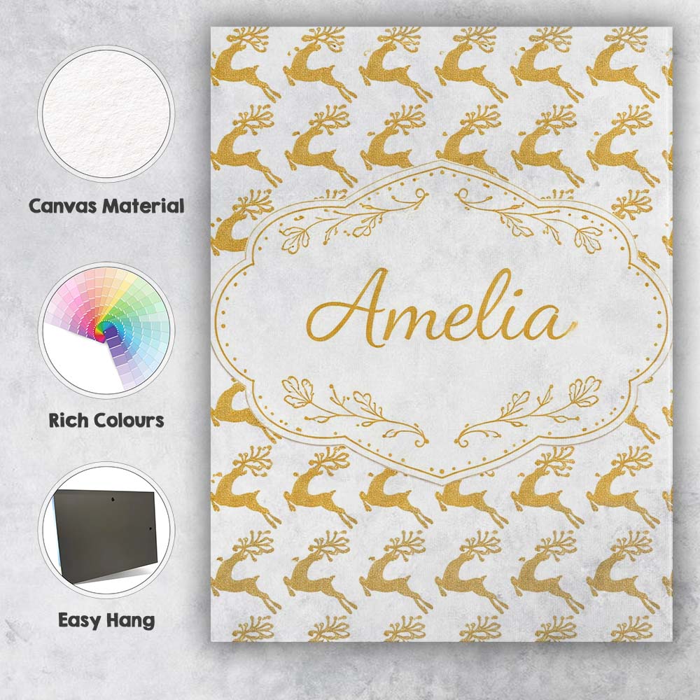 Personalised Name Gold Glitter Reindeer Christmas Seamless Pattern Custom  Unique Canvas Wall Art Print Decor Picture Ready to Hang