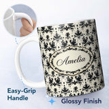 Personalized Custom Name Black Damask Silhouette Ornamental Seamless Pattern Cute Unique Gift 11oz Ceramic Coffee Tea Mug White Large Handle
