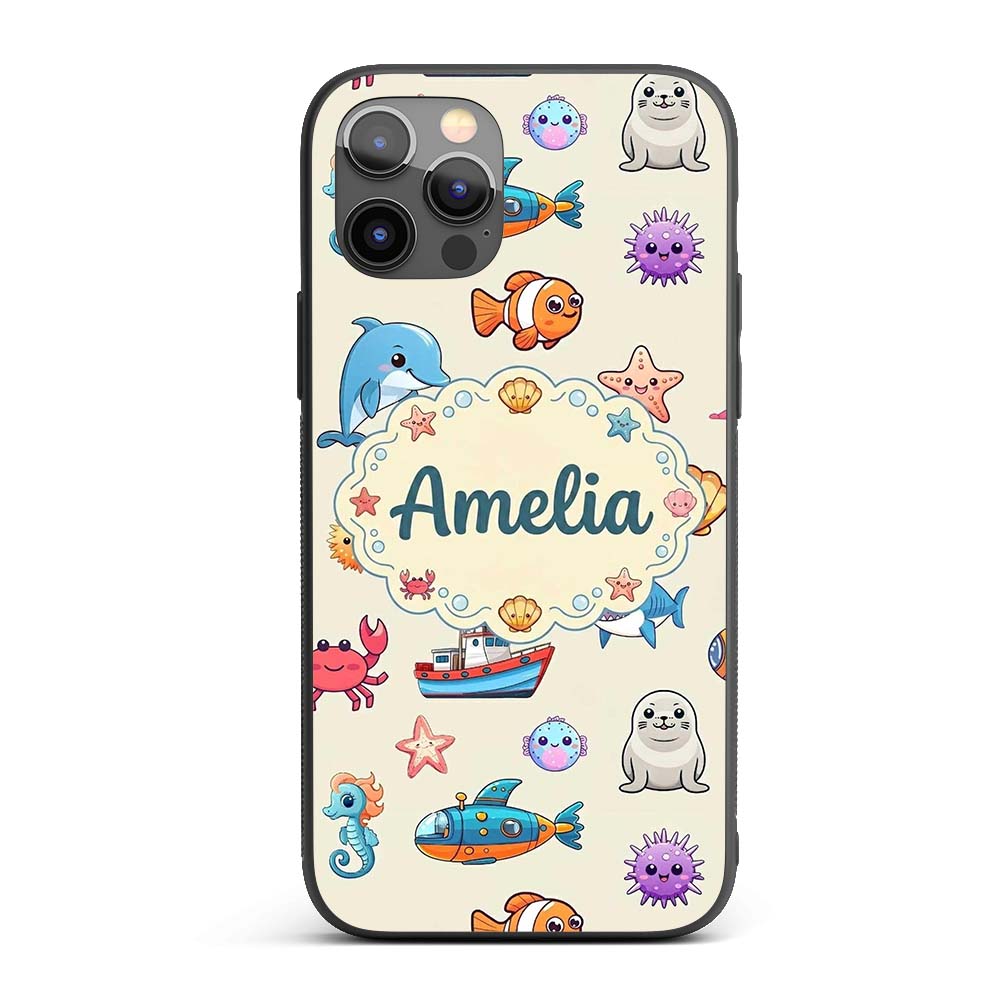 Cartoon Sea Animals Diver Dolphin Shark Crab Boat Custom Name Protective Phone Case Mobile Cover Durable Everyday Smartphone Shock Resistant