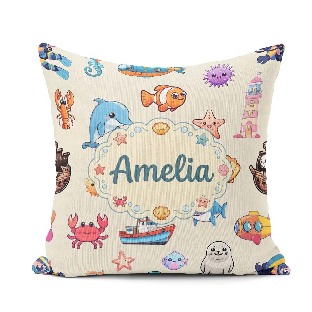 Custom Name Cartoon Sea Animals Diver Shark Crab Boat Lighthouse Square Filled Cushion Throw Pillow Sofa Bed Home Decor Zip Washable UK Made