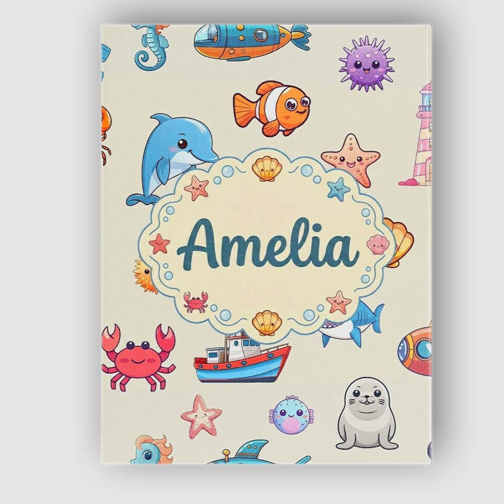 Personalised Name Cartoon Sea Animals Diver Custom  Bespoke Interior Contemporary Canvas Wall Art Print Decor Picture Ready to Hang