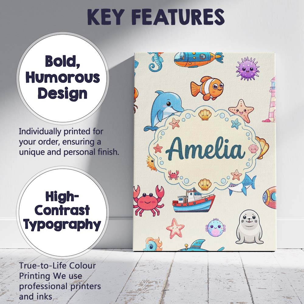 Personalised Name Cartoon Sea Animals Diver Custom  Bespoke Interior Contemporary Canvas Wall Art Print Decor Picture Ready to Hang