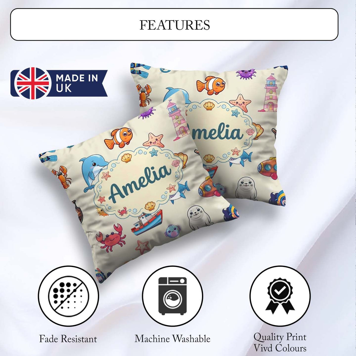 Custom Name Cartoon Sea Animals Diver Shark Crab Boat Lighthouse Square Filled Cushion Throw Pillow Sofa Bed Home Decor Zip Washable UK Made