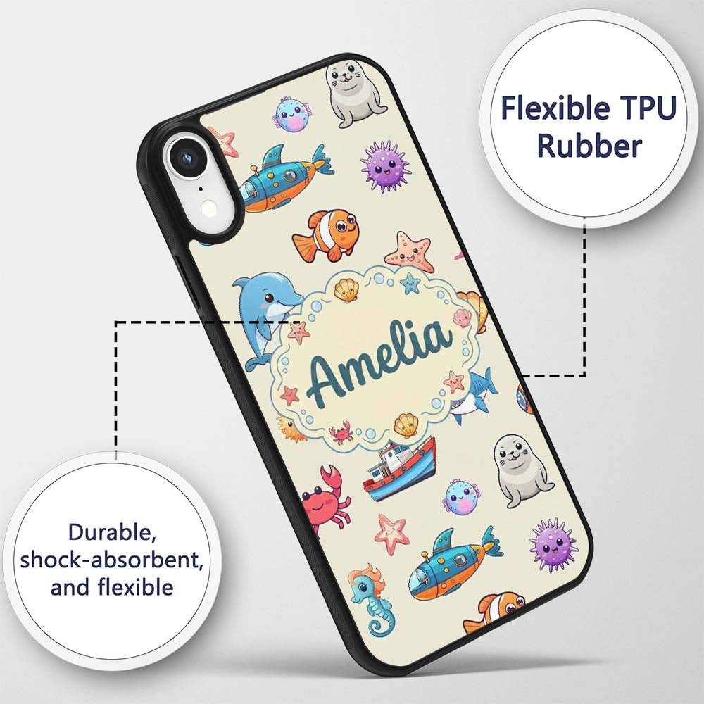 Cartoon Sea Animals Diver Dolphin Shark Crab Boat Custom Name Protective Phone Case Mobile Cover Durable Everyday Smartphone Shock Resistant