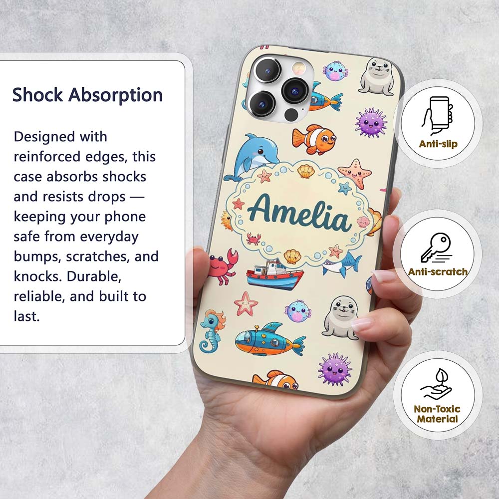 Cartoon Sea Animals Diver Dolphin Shark Crab Boat Custom Name Protective Phone Case Mobile Cover Durable Everyday Smartphone Shock Resistant