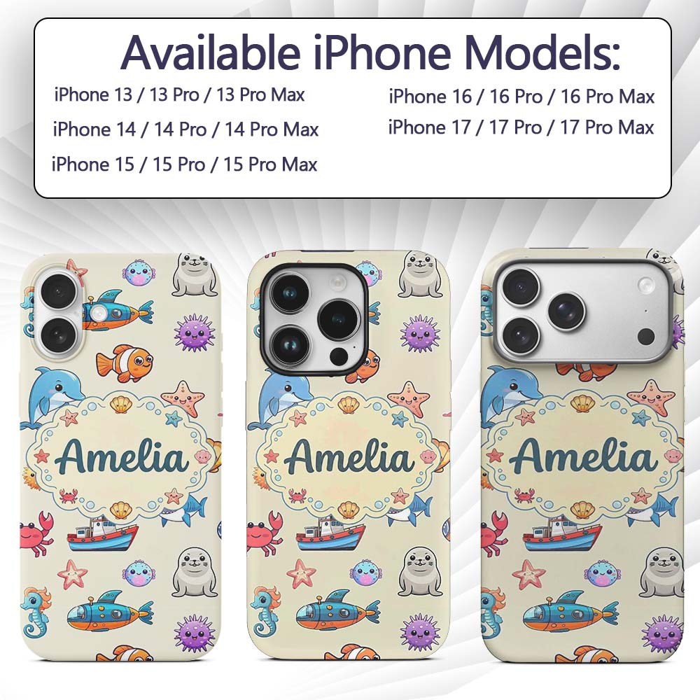 Cartoon Sea Animals Diver Dolphin Shark Crab Boat Custom Name Protective Phone Case Mobile Cover Durable Everyday Smartphone Shock Resistant