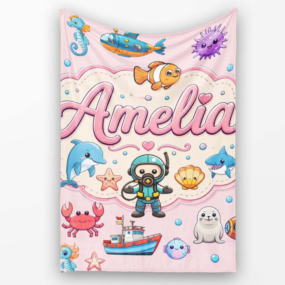 Cartoon Sea Animal Diver Dolphin Shark Boat Lighthouse Soft Pink  Personalised Custom Name Super Soft Fleece Blanket Bed Sofa Throw