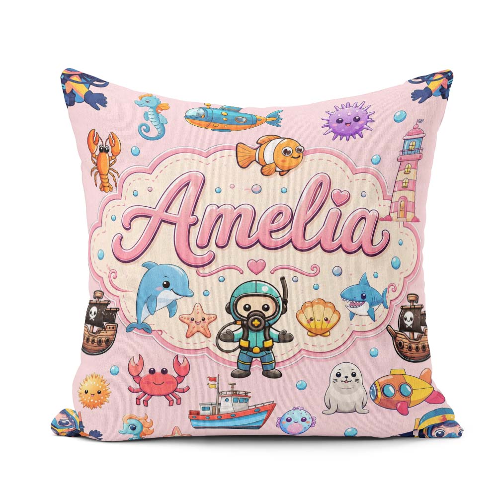 Custom Name Cartoon Sea Diver Dolphin Shark Boat Lighthouse Soft Square Filled Cushion Throw Pillow Sofa Bed Home Decor Zip Washable UK Made
