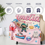 Cartoon Sea Animal Diver Dolphin Shark Boat Lighthouse Soft Pink  Personalised Custom Name Super Soft Fleece Blanket Bed Sofa Throw