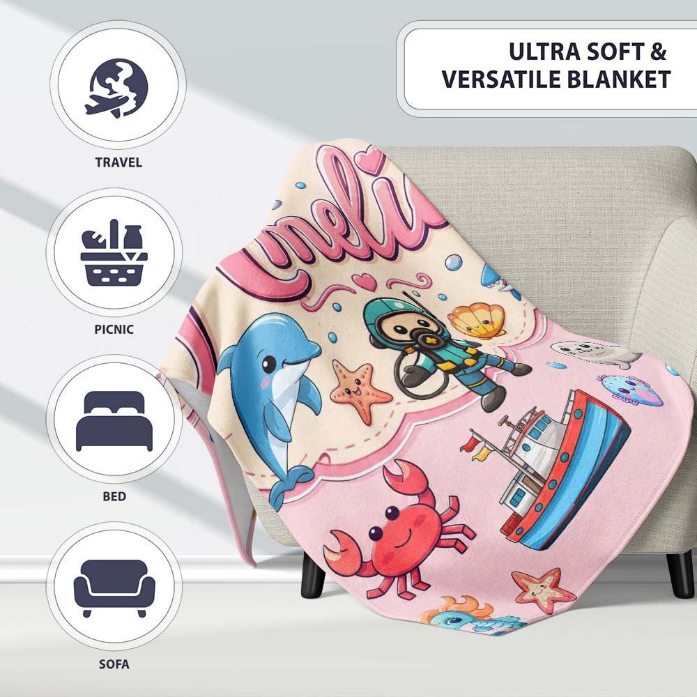 Cartoon Sea Animal Diver Dolphin Shark Boat Lighthouse Soft Pink  Personalised Custom Name Super Soft Fleece Blanket Bed Sofa Throw