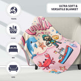 Cartoon Sea Animal Diver Dolphin Shark Boat Lighthouse Soft Pink  Personalised Custom Name Super Soft Fleece Blanket Bed Sofa Throw