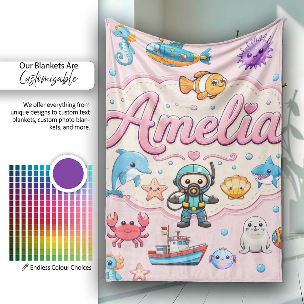 Cartoon Sea Animal Diver Dolphin Shark Boat Lighthouse Soft Pink  Personalised Custom Name Super Soft Fleece Blanket Bed Sofa Throw