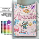 Cartoon Sea Animal Diver Dolphin Shark Boat Lighthouse Soft Pink  Personalised Custom Name Super Soft Fleece Blanket Bed Sofa Throw
