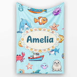 Cartoon Sea Animals Diver Dolphin Shark Boat Lighthouse Light Blue  Personalised Custom Name Super Soft Fleece Blanket Bed Sofa Throw