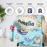 Cartoon Sea Animals Diver Dolphin Shark Boat Lighthouse Light Blue  Personalised Custom Name Super Soft Fleece Blanket Bed Sofa Throw