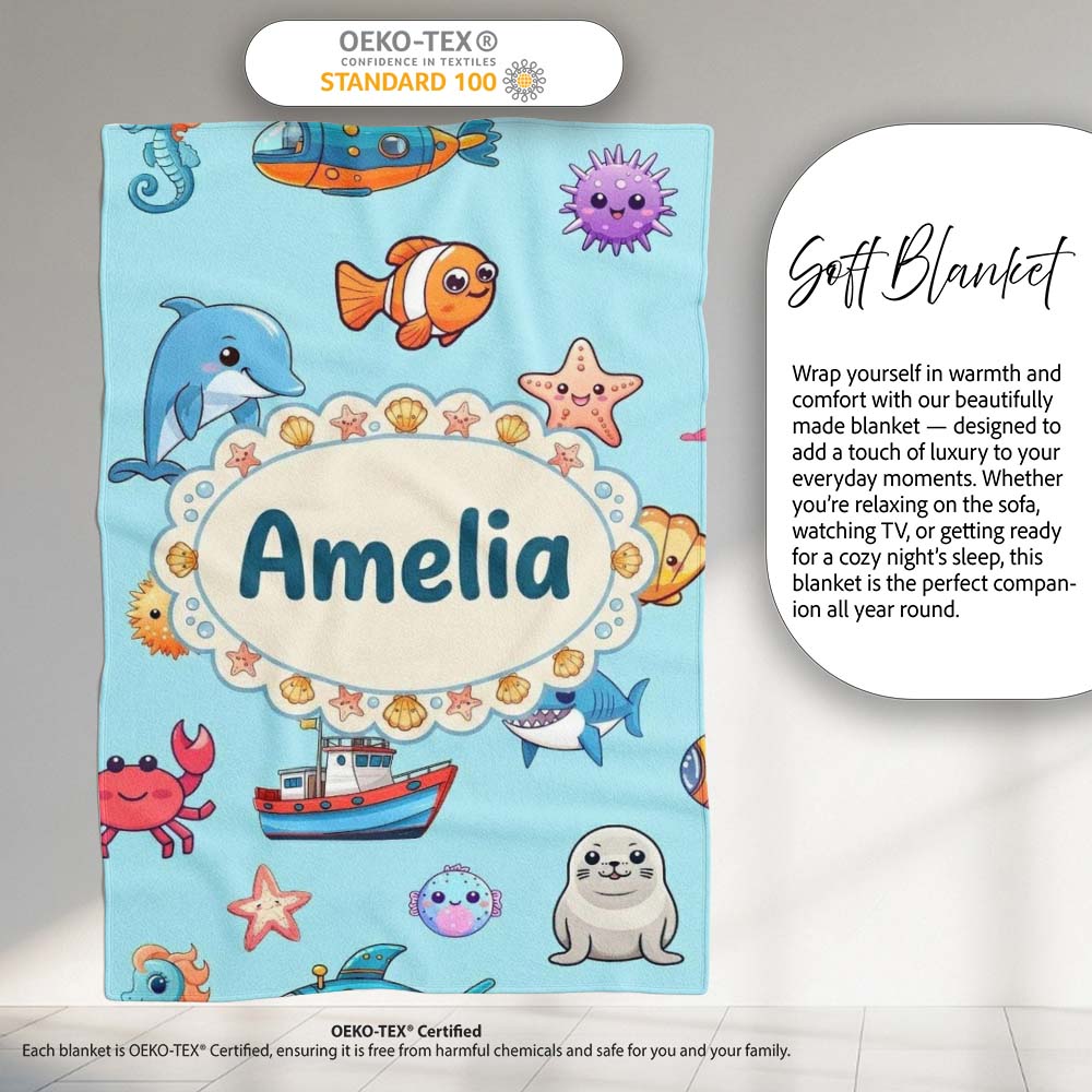 Cartoon Sea Animals Diver Dolphin Shark Boat Lighthouse Light Blue  Personalised Custom Name Super Soft Fleece Blanket Bed Sofa Throw