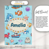 Cartoon Sea Animals Diver Dolphin Shark Boat Lighthouse Light Blue  Personalised Custom Name Super Soft Fleece Blanket Bed Sofa Throw