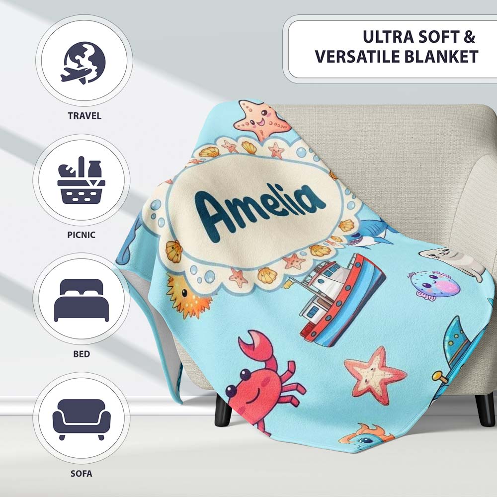 Cartoon Sea Animals Diver Dolphin Shark Boat Lighthouse Light Blue  Personalised Custom Name Super Soft Fleece Blanket Bed Sofa Throw