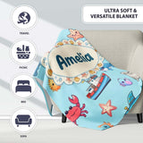 Cartoon Sea Animals Diver Dolphin Shark Boat Lighthouse Light Blue  Personalised Custom Name Super Soft Fleece Blanket Bed Sofa Throw