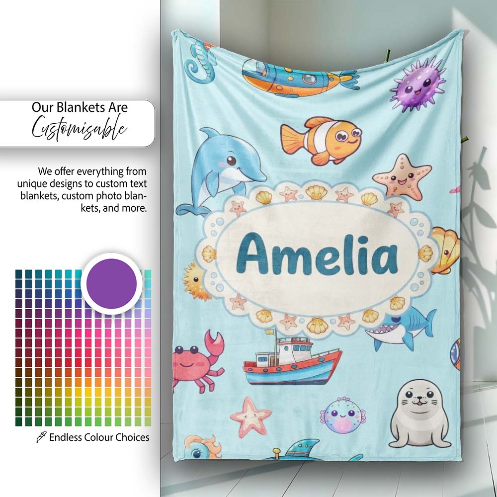 Cartoon Sea Animals Diver Dolphin Shark Boat Lighthouse Light Blue  Personalised Custom Name Super Soft Fleece Blanket Bed Sofa Throw