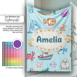 Cartoon Sea Animals Diver Dolphin Shark Boat Lighthouse Light Blue  Personalised Custom Name Super Soft Fleece Blanket Bed Sofa Throw