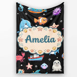 Cartoon Sea Animals Diver Dolphin Shark Lighthouse Black Bubble  Personalised Custom Name Super Soft Fleece Blanket Bed Sofa Throw