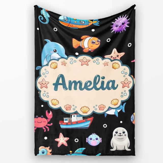 Cartoon Sea Animals Diver Dolphin Shark Lighthouse Black Bubble  Personalised Custom Name Super Soft Fleece Blanket Bed Sofa Throw