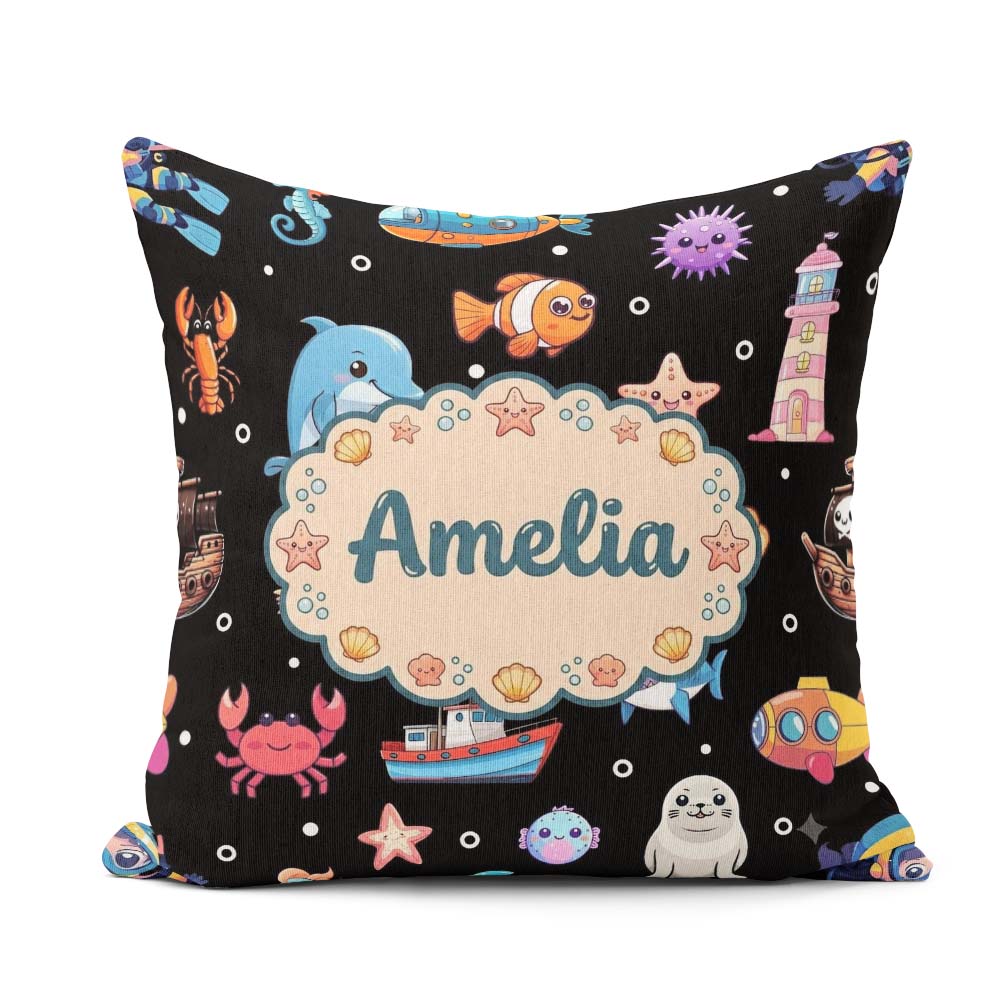 Custom Name Cartoon Sea Animals Diver Dolphin Shark Black Bubble Square Filled Cushion Throw Pillow Sofa Bed Home Decor Zip Washable UK Made