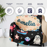 Cartoon Sea Animals Diver Dolphin Shark Lighthouse Black Bubble  Personalised Custom Name Super Soft Fleece Blanket Bed Sofa Throw
