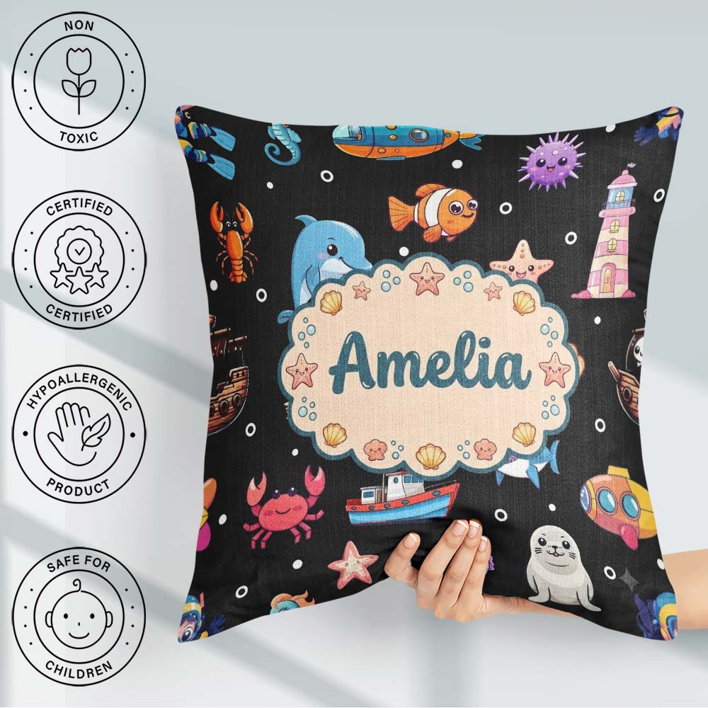 Custom Name Cartoon Sea Animals Diver Dolphin Shark Black Bubble Square Filled Cushion Throw Pillow Sofa Bed Home Decor Zip Washable UK Made