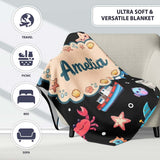 Cartoon Sea Animals Diver Dolphin Shark Lighthouse Black Bubble  Personalised Custom Name Super Soft Fleece Blanket Bed Sofa Throw