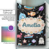 Cartoon Sea Animals Diver Dolphin Shark Lighthouse Black Bubble  Personalised Custom Name Super Soft Fleece Blanket Bed Sofa Throw