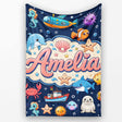 Cartoon Sea Animals Diver Dolphin Shark Crab Boat Navy Blue Bubble  Personalised Custom Name Super Soft Fleece Blanket Bed Sofa Throw