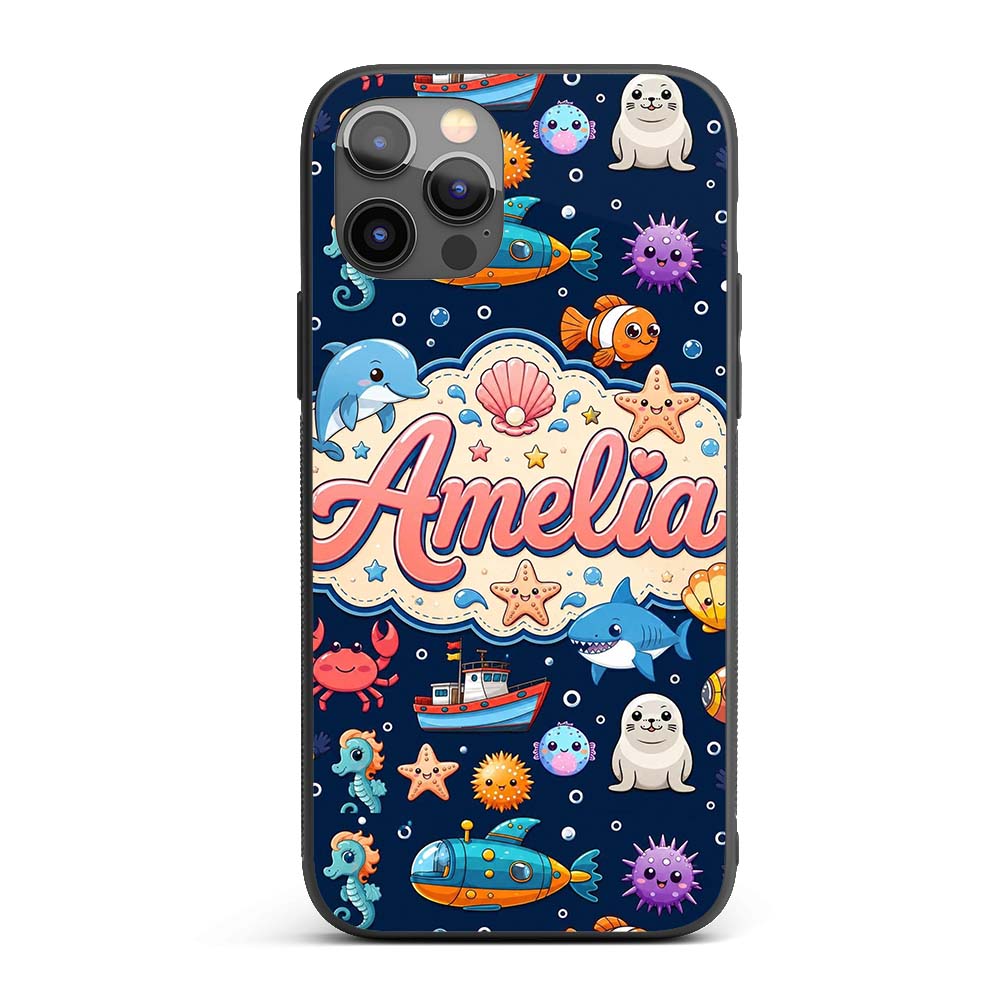 Cartoon Sea Animals Diver Dolphin Shark Crab Boat Custom Name Protective Phone Case Mobile Cover Durable Everyday Smartphone Shock Resistant