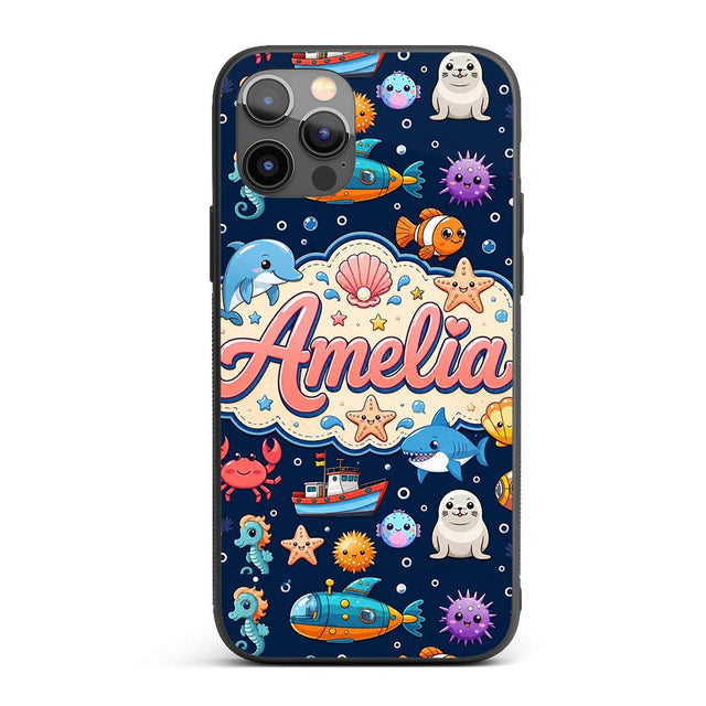 Cartoon Sea Animals Diver Dolphin Shark Crab Boat Custom Name Protective Phone Case Mobile Cover Durable Everyday Smartphone Shock Resistant