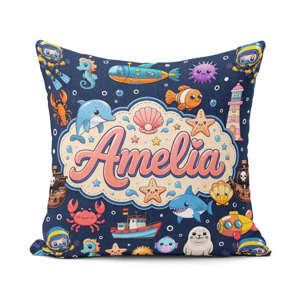 Custom Name Cartoon Sea Animals Diver Crab Boat Navy Blue Bubble Square Filled Cushion Throw Pillow Sofa Bed Home Decor Zip Washable UK Made