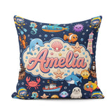 Custom Name Cartoon Sea Animals Diver Crab Boat Navy Blue Bubble Square Filled Cushion Throw Pillow Sofa Bed Home Decor Zip Washable UK Made