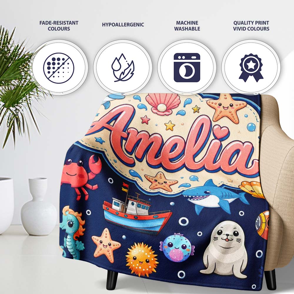 Cartoon Sea Animals Diver Dolphin Shark Crab Boat Navy Blue Bubble  Personalised Custom Name Super Soft Fleece Blanket Bed Sofa Throw
