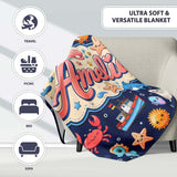 Cartoon Sea Animals Diver Dolphin Shark Crab Boat Navy Blue Bubble  Personalised Custom Name Super Soft Fleece Blanket Bed Sofa Throw