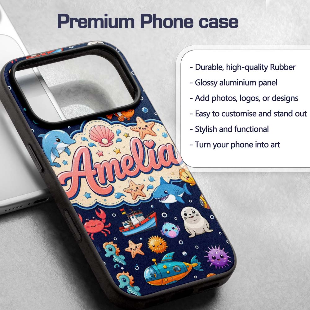 Cartoon Sea Animals Diver Dolphin Shark Crab Boat Custom Name Protective Phone Case Mobile Cover Durable Everyday Smartphone Shock Resistant